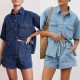 European and American Cross-Border Retro Casual Loose Pockets Short-sleeved shirt and shorts denim two-piece set European and American Cross-Border Retro Casual Loose Pockets Short-sleeved shirt and shorts denim two-piece set