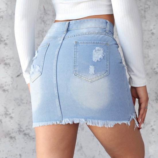 European and American Cross-border 2025 Summer New Slim-Fit Ripped Denim Skirt for Women Light-Color Washed Raw-Edge A-Line Skirt European and American Cross-border 2025 Summer New Slim-Fit Ripped Denim Skirt for Women Light-Color Washed Raw-Edge A-Line Skirt