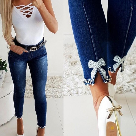 Factory direct cross-border European and American slim-fit jeans for women, butterfly-embellished, beaded slit skinny pencil pants Factory direct cross-border European and American slim-fit jeans for women, butterfly-embellished, beaded slit skinny pencil pants