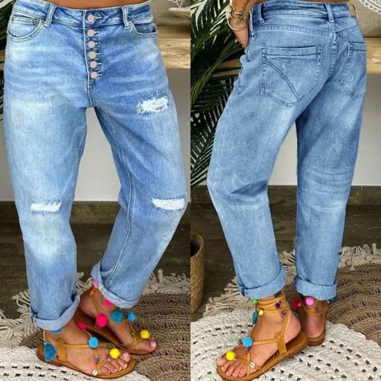 2025 European and American Cross-Border New Blue Ripped Jeans for Women, Loose Straight-Leg Casual Pants, In Stock