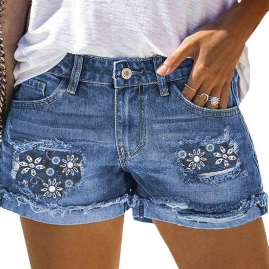 European and American cross-border 2025 summer new ripped denim shorts for women, personalized street print patch jeans, in stock