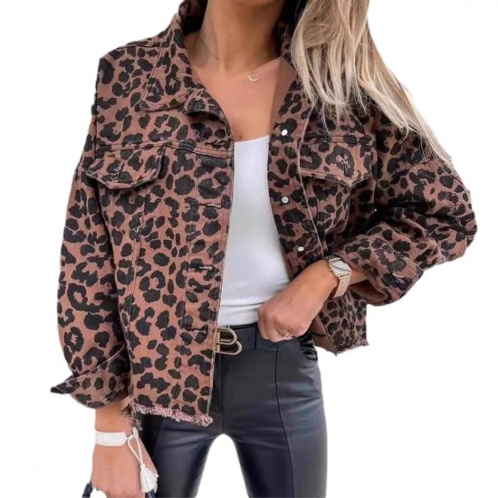 2025 new European and American spring and autumn denim jackets, leopard print, long-sleeved, short, loose-fitting, casual jackets for women, now in stock. 2025 new European and American spring and autumn denim jackets, leopard print, long-sleeved, short, loose-fitting, casual jackets for women, now in stock.