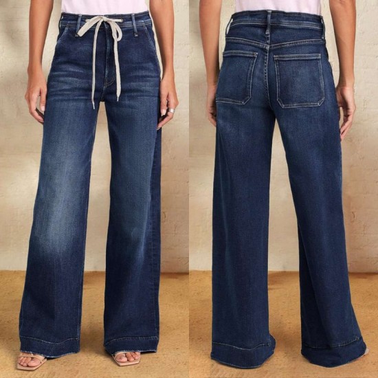 Foreign Trade Wholesale European and American Women's 2025 Spring New Lace-Up Stretch Jeans, Straight-Leg, Elegant Wide-Leg Pants Foreign Trade Wholesale European and American Women's 2025 Spring New Lace-Up Stretch Jeans, Straight-Leg, Elegant Wide-Leg Pants