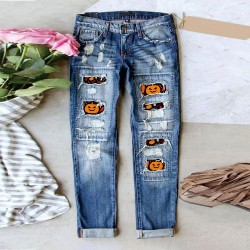 Amazon AliExpress Hot-Selling European and American Women's Jeans Ripped Printed Patch Mid-Rise Straight-Leg Pants In Stock Amazon AliExpress Hot-Selling European and American Women's Jeans Ripped Printed Patch Mid-Rise Straight-Leg Pants In Stock