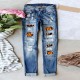 Amazon AliExpress Hot-Selling European and American Women's Jeans Ripped Printed Patch Mid-Rise Straight-Leg Pants In Stock