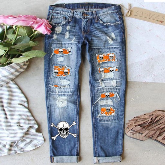 Amazon AliExpress Hot-Selling European and American Women's Jeans Ripped Printed Patch Mid-Rise Straight-Leg Pants In Stock