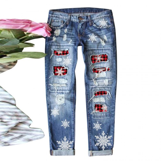 2025 European and American cross-border straight jeans for women, Christmas snowflake print patchwork ripped denim pants in stock 2025 European and American cross-border straight jeans for women, Christmas snowflake print patchwork ripped denim pants in stock