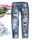 2025 European and American cross-border straight jeans for women, Christmas snowflake print patchwork ripped denim pants in stock 2025 European and American cross-border straight jeans for women, Christmas snowflake print patchwork ripped denim pants in stock