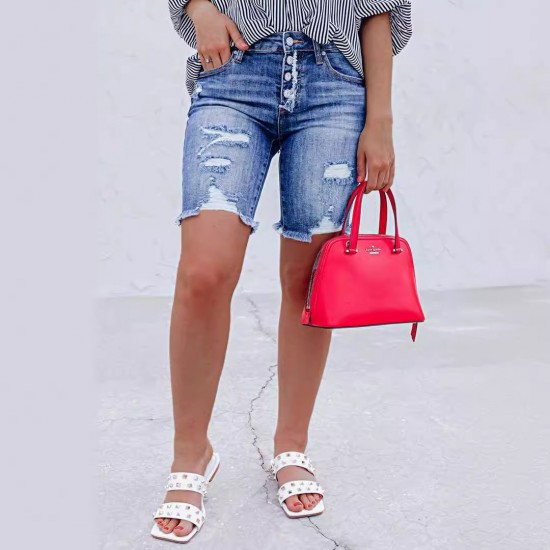2025 Amazon Cross-Border Slim-Fit Buttoned Denim Shorts: Streetwear Ripped Raw-Edged Skinny Shorts for Women 2025 Amazon Cross-Border Slim-Fit Buttoned Denim Shorts: Streetwear Ripped Raw-Edged Skinny Shorts for Women