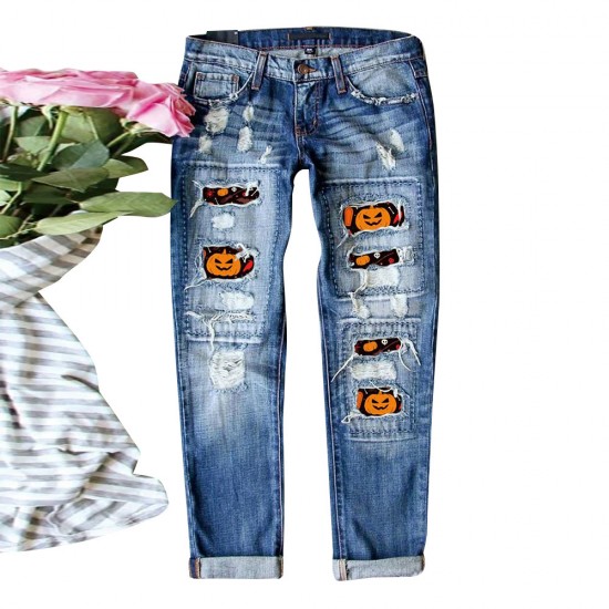 European and American cross-border AliExpress trendy Halloween pumpkin ripped print jeans for women, mid-rise straight-leg pants European and American cross-border AliExpress trendy Halloween pumpkin ripped print jeans for women, mid-rise straight-leg pants