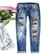 European and American cross-border AliExpress trendy Halloween pumpkin ripped print jeans for women, mid-rise straight-leg pants European and American cross-border AliExpress trendy Halloween pumpkin ripped print jeans for women, mid-rise straight-leg pants