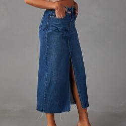 Amazon cross-border 2025 new slit denim skirt for women, high-waisted, washed American-style A-line midi skirt Amazon cross-border 2025 new slit denim skirt for women, high-waisted, washed American-style A-line midi skirt