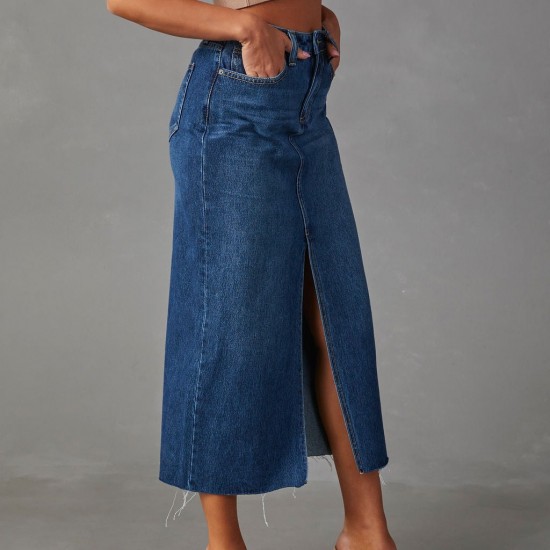 Amazon cross-border 2025 new slit denim skirt for women, high-waisted, washed American-style A-line midi skirt