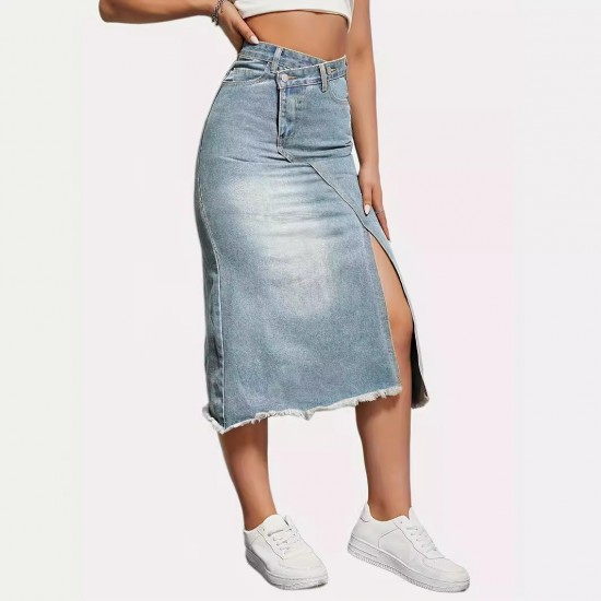 New Spring/Summer New Cross-Border American Retro Denim Skirt for Women, Fashionable Slit-Spliced Midi A-Line Skirt New Spring/Summer New Cross-Border American Retro Denim Skirt for Women, Fashionable Slit-Spliced Midi A-Line Skirt
