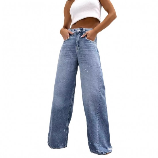 American retro straight-leg ripped jeans for women, European and American cross-border 2025 summer new wide-leg pants for foreign trade American retro straight-leg ripped jeans for women, European and American cross-border 2025 summer new wide-leg pants for foreign trade