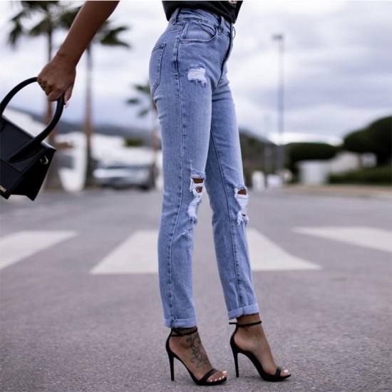 2025 Spring Amazon Factory-Shop European and American Stretch Ripped Women's Straight-Leg Skinny Hip-Lifting Fashion Jeans 2025 Spring Amazon Factory-Shop European and American Stretch Ripped Women's Straight-Leg Skinny Hip-Lifting Fashion Jeans
