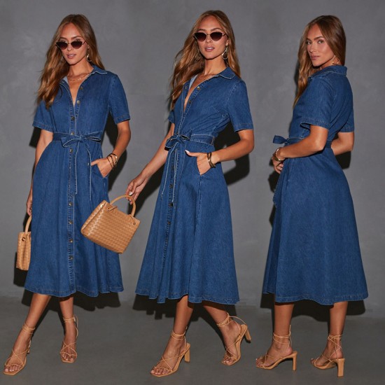 2025 New Cross-Border Retro V-Neck Tie-Drape Denim Dress, Fashionable French Elegant Dress for Women