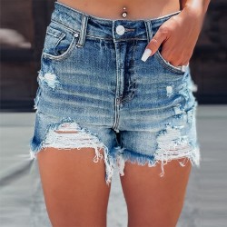 2024 summer new European and American cross-border ripped hot girl denim shorts, women's high-waisted A-line raw-edge hot pants trend 2024 summer new European and American cross-border ripped hot girl denim shorts, women's high-waisted A-line raw-edge hot pants trend