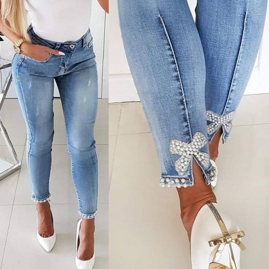 Factory direct cross-border European and American slim-fit jeans for women, butterfly-embellished, beaded slit skinny pencil pants Factory direct cross-border European and American slim-fit jeans for women, butterfly-embellished, beaded slit skinny pencil pants