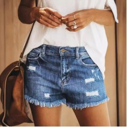 Ripped denim shorts for women, European and American cross-border summer new high-waisted A-line slimming, washed, raw-edged, stylish hot pants