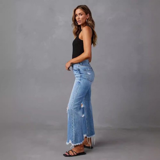 2025 cross-border new wide-leg pants, tasseled, washed, tie-dyed, ripped high-waisted jeans, straight-leg casual trousers for women. 2025 cross-border new wide-leg pants, tasseled, washed, tie-dyed, ripped high-waisted jeans, straight-leg casual trousers for women.
