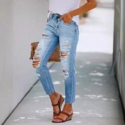 2025 summer stylish, simple European and American ripped, slim-fitting washed denim pants for women 2025 summer stylish, simple European and American ripped, slim-fitting washed denim pants for women