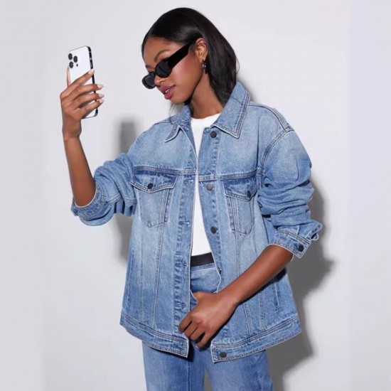 Factory Direct 2025 New European and American Cross-Border Light Blue Washed Denim Jacket for Women, Casual Loose Jacket Top