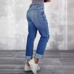 Factory direct sales: 2025 new cross-border women's ripped jeans with pockets, slimming, European straight-leg pants Factory direct sales: 2025 new cross-border women's ripped jeans with pockets, slimming, European straight-leg pants