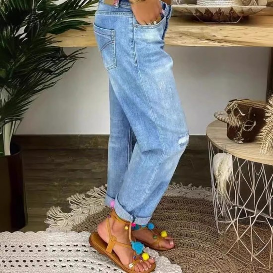 2025 European and American Cross-Border New Blue Ripped Jeans for Women, Loose Straight-Leg Casual Pants, In Stock