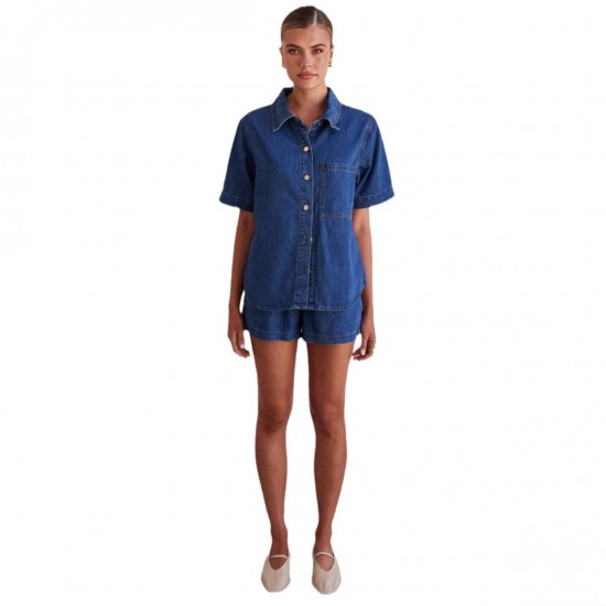 Casual style 2025 summer new cross-border foreign trade washed retro solid color short-sleeved shirt and shorts denim suit for women Casual style 2025 summer new cross-border foreign trade washed retro solid color short-sleeved shirt and shorts denim suit for women