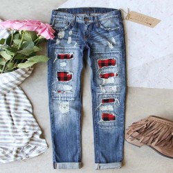 Cross-border Foreign Trade Straight Jeans for Women, 2025 New Red Plaid Print Patchwork, Ripped Pants, In Stock Goods Cross-border Foreign Trade Straight Jeans for Women, 2025 New Red Plaid Print Patchwork, Ripped Pants, In Stock Goods