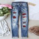 Cross-border Foreign Trade Straight Jeans for Women, 2025 New Red Plaid Print Patchwork, Ripped Pants, In Stock Goods Cross-border Foreign Trade Straight Jeans for Women, 2025 New Red Plaid Print Patchwork, Ripped Pants, In Stock Goods