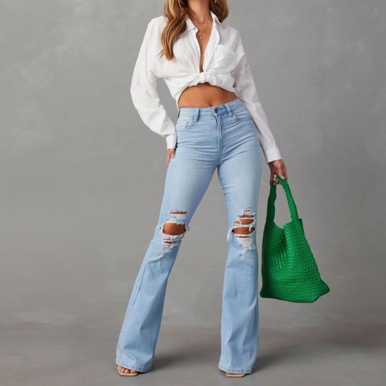 Factory direct sales of 2025 new cross-border European and American high-waisted, ripped jeans for women, street style, flared pants. Factory direct sales of 2025 new cross-border European and American high-waisted, ripped jeans for women, street style, flared pants.