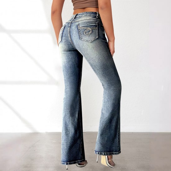 Cross-border women's fashion: high-elastic pocket embroidered vintage jeans, slim-fitting, hip-lifting flared pants