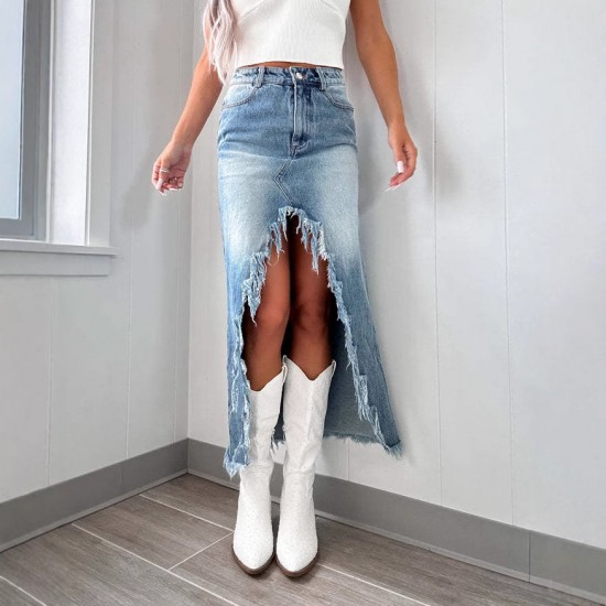 Amazon cross-border 2025 Spring new high-waisted, irregular, raw-edge denim skirt for women, distressed and washed. Amazon cross-border 2025 Spring new high-waisted, irregular, raw-edge denim skirt for women, distressed and washed.