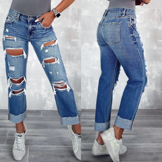Factory direct sales: 2025 new cross-border women's ripped jeans with pockets, slimming, European straight-leg pants