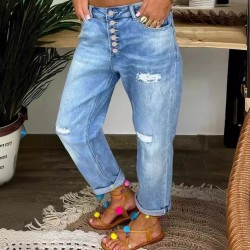 2025 European and American Cross-Border New Blue Ripped Jeans for Women, Loose Straight-Leg Casual Pants, In Stock 2025 European and American Cross-Border New Blue Ripped Jeans for Women, Loose Straight-Leg Casual Pants, In Stock
