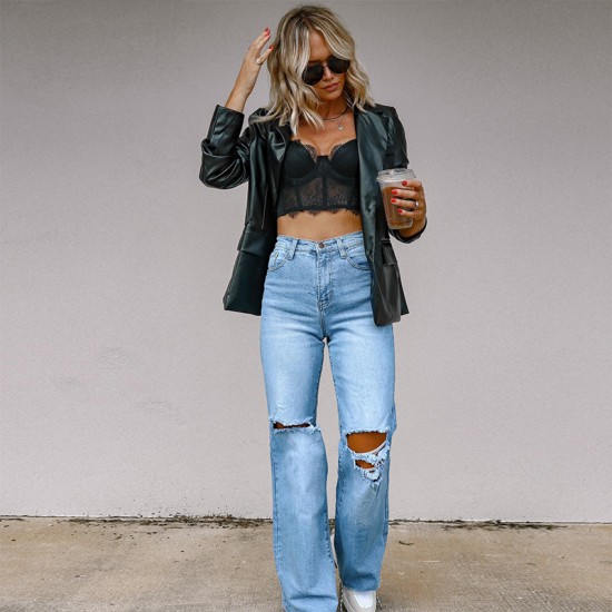 Factory Direct 2025 Independent European and American Women's Jeans: Ripped Slimming Raw-Edged Straight-Leg Wide-Leg Pants: In Stock Factory Direct 2025 Independent European and American Women's Jeans: Ripped Slimming Raw-Edged Straight-Leg Wide-Leg Pants: In Stock
