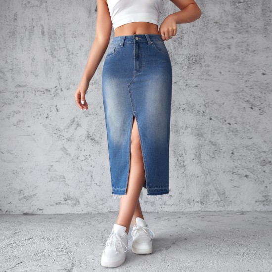 In-Stock Factory Direct European and American Cross-Border Blue Denim Skirts for Women, Slit, Hip-Wrapping, A-Line, Slimming Long Skirts In-Stock Factory Direct European and American Cross-Border Blue Denim Skirts for Women, Slit, Hip-Wrapping, A-Line, Slimming Long Skirts