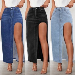 Factory direct sales: European and American cross-border high-slit denim skirt for women, 2025 spring and summer new washed solid color midi skirt Factory direct sales: European and American cross-border high-slit denim skirt for women, 2025 spring and summer new washed solid color midi skirt