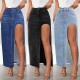 Factory direct sales: European and American cross-border high-slit denim skirt for women, 2025 spring and summer new washed solid color midi skirt Factory direct sales: European and American cross-border high-slit denim skirt for women, 2025 spring and summer new washed solid color midi skirt