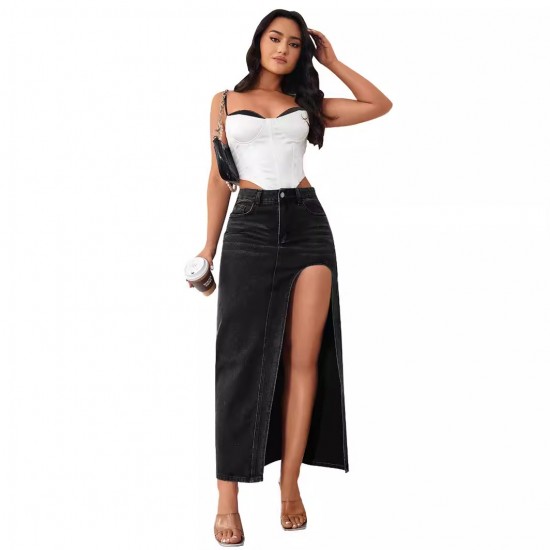 Factory direct sales: European and American cross-border high-slit denim skirt for women, 2025 spring and summer new washed solid color midi skirt Factory direct sales: European and American cross-border high-slit denim skirt for women, 2025 spring and summer new washed solid color midi skirt