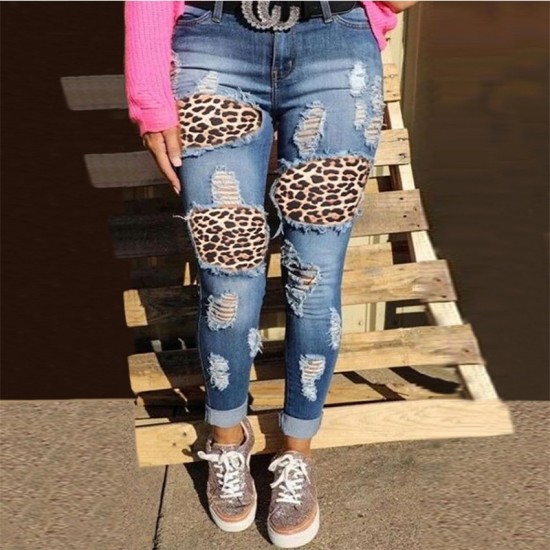 Factory direct sales: European and American ripped women's jeans, personalized leopard print, high-waisted Women's Pants Factory direct sales: European and American ripped women's jeans, personalized leopard print, high-waisted Women's Pants