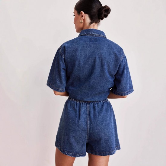 European and American Cross-Border Retro Casual Loose Pockets Short-sleeved shirt and shorts denim two-piece set European and American Cross-Border Retro Casual Loose Pockets Short-sleeved shirt and shorts denim two-piece set