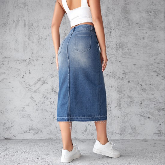 In-Stock Factory Direct European and American Cross-Border Blue Denim Skirts for Women, Slit, Hip-Wrapping, A-Line, Slimming Long Skirts In-Stock Factory Direct European and American Cross-Border Blue Denim Skirts for Women, Slit, Hip-Wrapping, A-Line, Slimming Long Skirts
