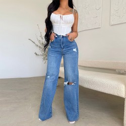 Factory direct sale on Amazon, women's long high-waisted jeans, ripped, raw-edge, popular European and American style, comfortable wide-leg pants. Factory direct sale on Amazon, women's long high-waisted jeans, ripped, raw-edge, popular European and American style, comfortable wide-leg pants.