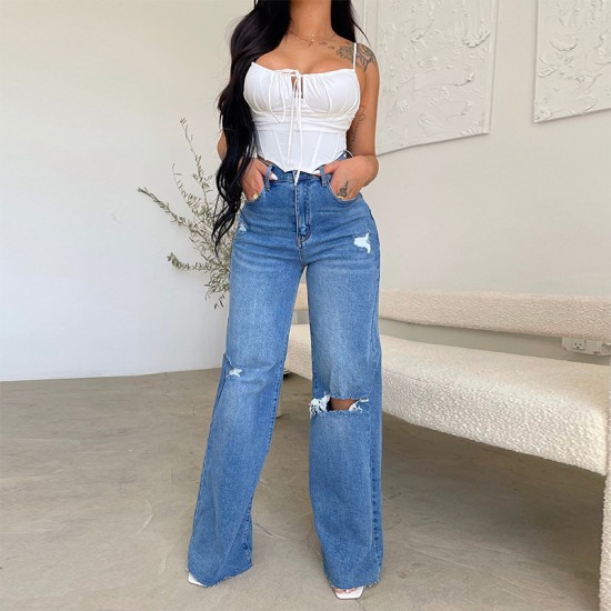 Factory direct sale on Amazon, women's long high-waisted jeans, ripped, raw-edge, popular European and American style, comfortable wide-leg pants.