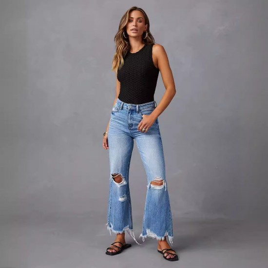 2025 cross-border new wide-leg pants, tasseled, washed, tie-dyed, ripped high-waisted jeans, straight-leg casual trousers for women. 2025 cross-border new wide-leg pants, tasseled, washed, tie-dyed, ripped high-waisted jeans, straight-leg casual trousers for women.