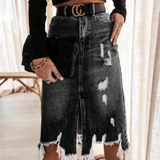 2025 Summer European and American Denim Skirt for Women, Washed Irregular Ripped Fringed Midi Skirt, High-Waisted Distressed 2025 Summer European and American Denim Skirt for Women, Washed Irregular Ripped Fringed Midi Skirt, High-Waisted Distressed