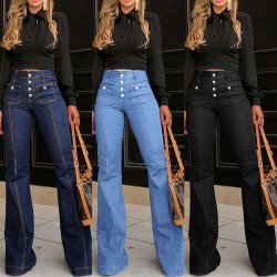 2025 spring new European and American button-down high-waisted jeans for women, slimming and elegant flared trousers, now in stock. 2025 spring new European and American button-down high-waisted jeans for women, slimming and elegant flared trousers, now in stock.